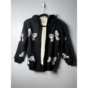 Sweet Stories Sherpa Open Front Hooded Black/White Bows Girls Sweater XL NWT